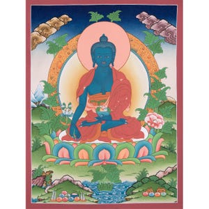 The Healing Blue Buddha Thangka Painting | Bhaisajyaguru, Buddha of Purification | Hand-Painted Tibetan Buddhist Artwork | Spiritual Art