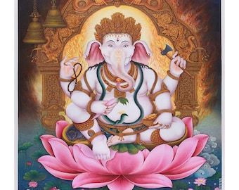 Lord Ganesh Thangka Painting | Traditional Handmade Spiritual Wall Art Decor | Sacred Ganesha for Home and Altar | Meditation Yoga