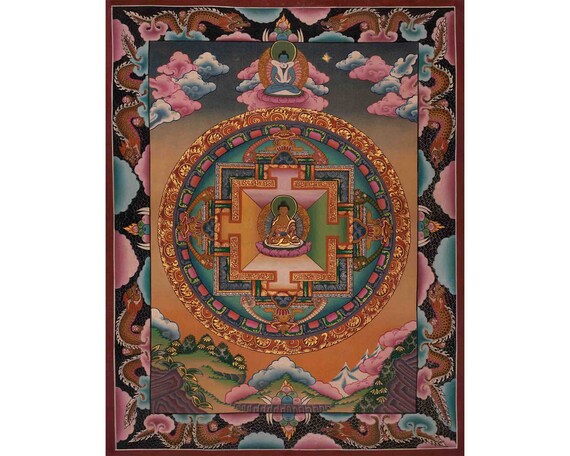 ヴィンテージ仏陀曼荼羅 | 頂上の普賢菩薩 | ドラゴンボーダー