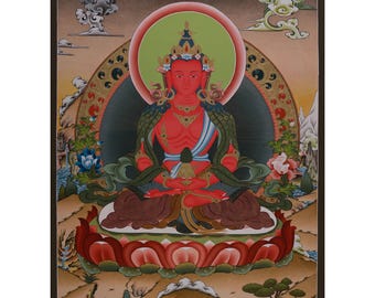 手描きの阿弥陀如来タンカ｜長寿と治癒の神｜チベット仏教｜伝統的な