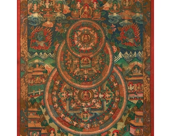 三輪仏曼荼羅｜手描きのチベット仏教タンカ｜瞑想のための神聖な壁画
