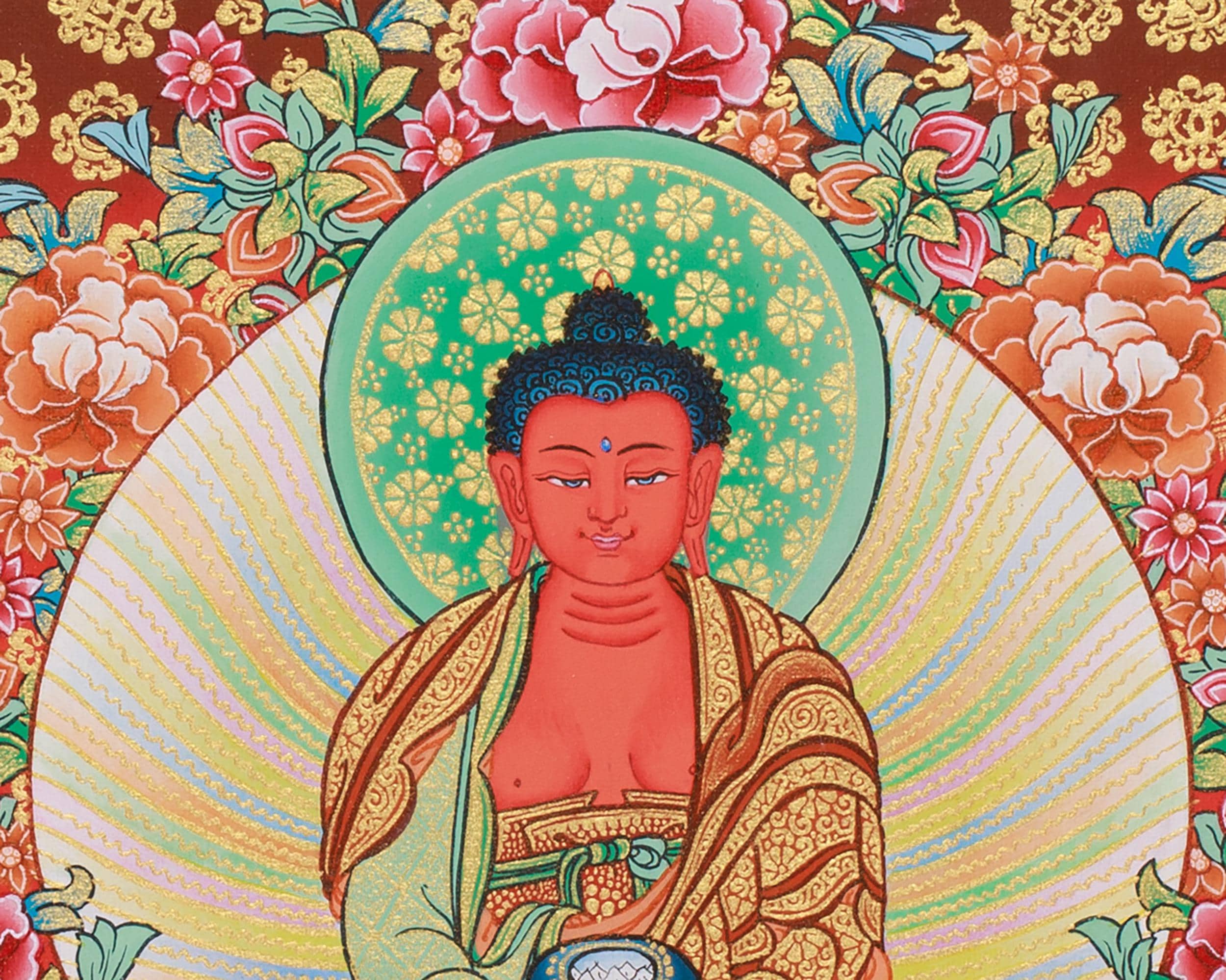 手描きの阿弥陀如来、文殊菩薩、観音菩薩タンカ：24K金製チベット美術