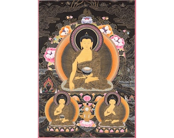 Shakyamuni Buddha Thangka | Dipankara & Maitreya | Buddhas of Three Times | Tibetan Buddhism | Meditation Shrine Decor | Traditional Artwork