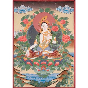 White Tara Thangka Painting | Original Hand-Painted Female Bodhisattva Art | Mindfulness Meditation Object of Focus For Our Wellbeing