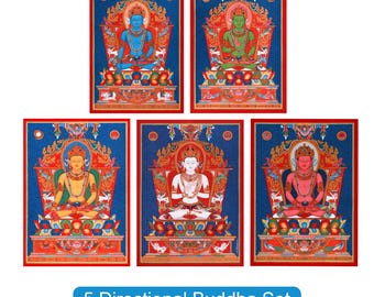 5 Thangka-collectie dhyani-boeddha's | Handgeschilderd Tibetaans boeddhistisch kunstwerk | Decor zenboeddhisme | Meditatieoefeningen | Spirituele geschenken