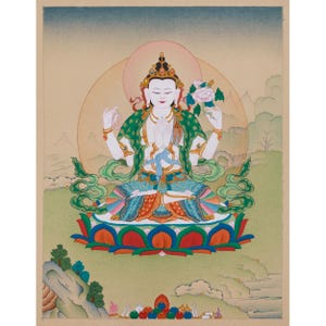 Four Armed Chenrezig, Bodhisattva of Compassion | Avalokiteshvara Thangka | Tibetan Buddhist Art | Wall Hanging | Home Decor | Karma Gadri