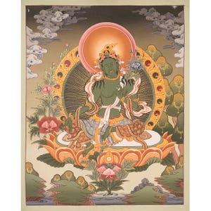 Green Tara Thangka | Original Hand-Painted Female Deity | Healing Tara Painting | Wall Hanging | Yoga Meditation Canvas Art | FREE SHIPPING