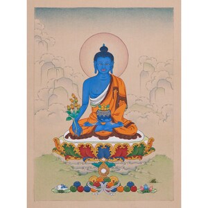 Sacred Compact Medicine Buddha Thangka | Hand-Painted Bhaisajyaguru | Buddha of Healing | Tibetan Buddhist Art | Wall Art | Spiritual Decor