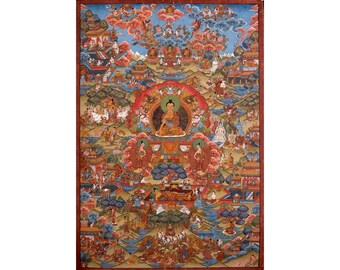 Vintage Buddha Life Story Original Hand-Painted Thangka | Wall Hanging Meditation Art | Compassion Yoga | Best For Housewarming Gifts