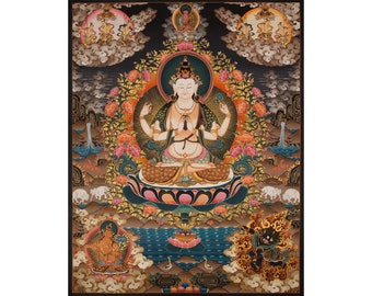 Chenrezig Thangka Painting, Tibetan Buddhist Art, Avalokiteshvara Wall Hanging