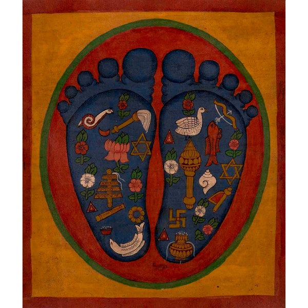 Öl lackierte Buddhas Füße beladen mit verheißungsvollen Zeichen | Wandbehang Kunst für Yoga und Meditation | Spirituelle und Religiöse Kunst