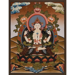 Original Hand Painted 4 Armed Chenrezig Bodhisattva Thangka | Avalokiteshvara | Asian Art | Meditation Art | Hand Painted Buddhist Art