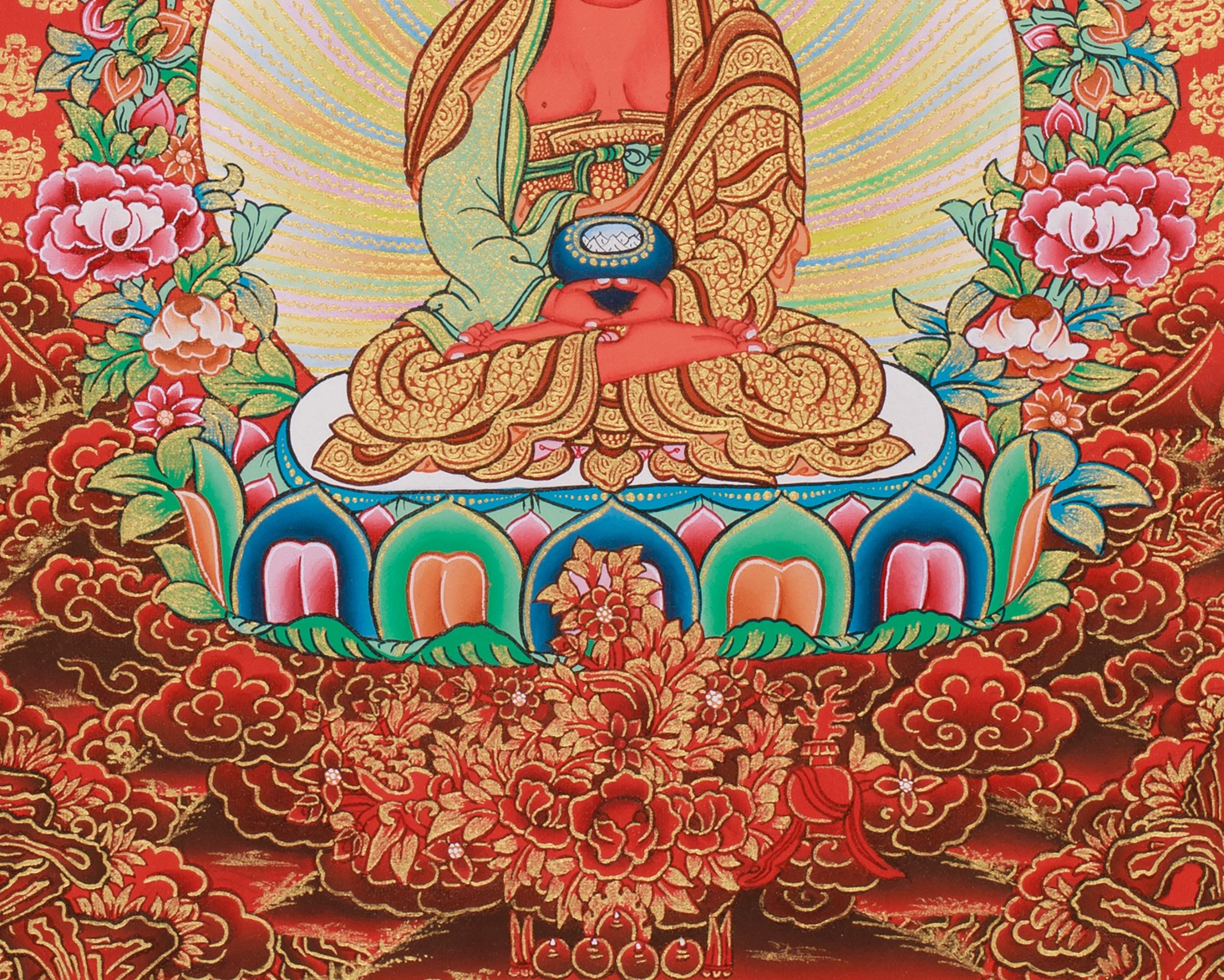 手描きの阿弥陀如来、文殊菩薩、観音菩薩タンカ：24K金製チベット美術