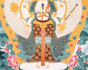 千手観音菩薩タンカ｜観音菩薩｜手描きチベット仏教美術｜慈悲の神