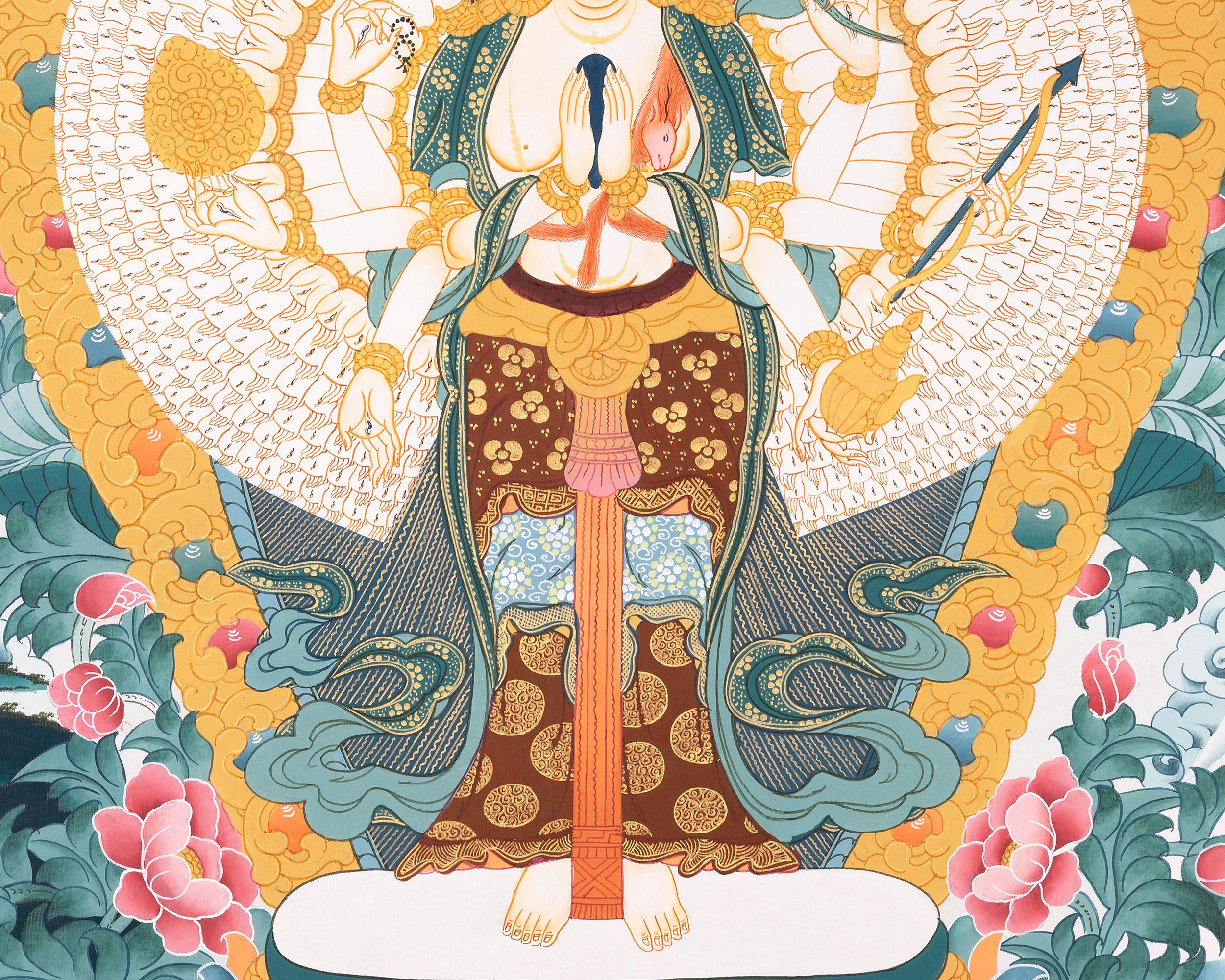 千手観音菩薩｜オリジナル手描きチベットタンカ｜慈悲と知恵の神