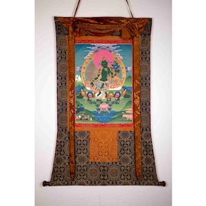 Green Tara Female Bodhisattva Original Hand Painted Thangka With Brocade | Wall Decoration Painting | Art Painting for Meditation
