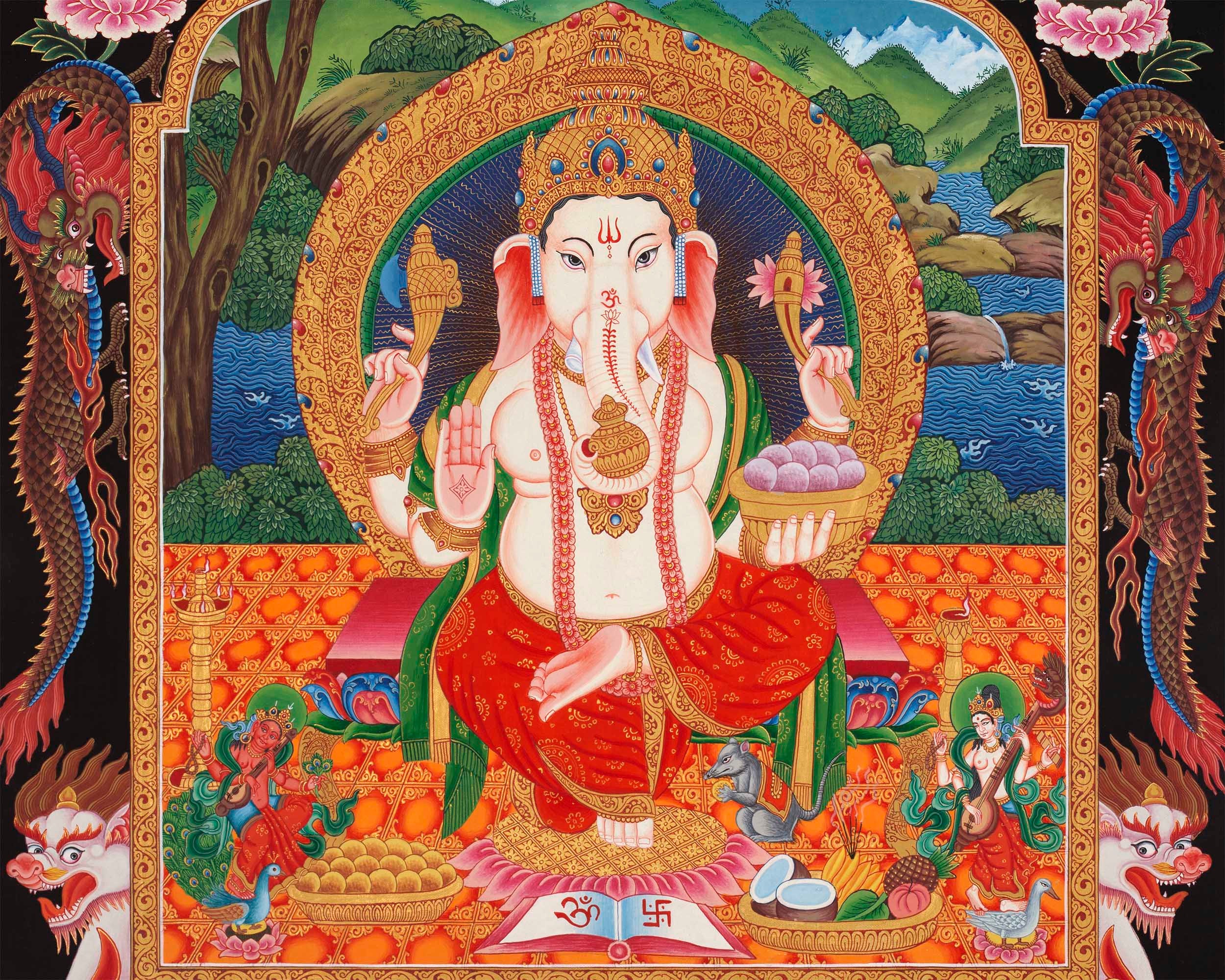 Ganesh Thangka Painting With Kartikeya and Saraswati - Etsy