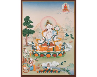 May include: A white deity with four arms sits on a lotus throne with a halo behind the head. The deity is adorned with jewelry and holds a flower in one hand. The deity is surrounded by clouds and a mountain landscape.