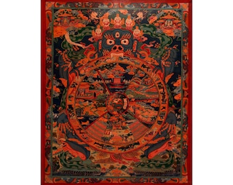 Original Hand-Painted Oil-Varnished Wheel of Life | Samsara or Bhavachakra Thangka | Buddhist Painting | Art Painting For Yoga Meditation