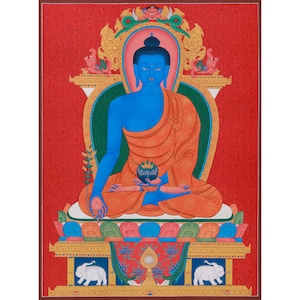 Tibetischer Medizin Buddha Thangka | Bhaisajyaguru, Buddha der Gesundheit | Spiritueller Schutz | Meditations Altar | Kunstwerk im Kadampa Stil