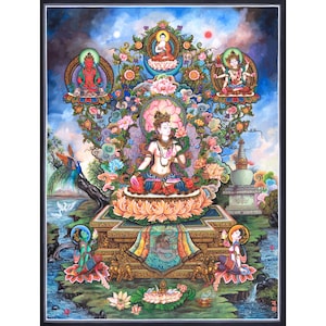 Mother White Tara Thangka Print | Giclee on Cotton Canvas | Goddess of Love & Healing | Buddhist Deity Wall Art with Amitayus and Namgyalma