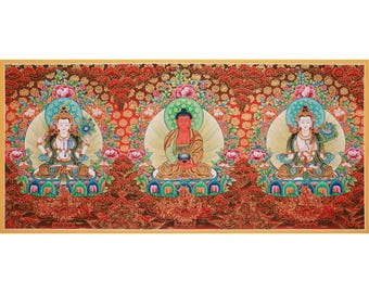 手描きの阿弥陀如来、文殊菩薩、観音菩薩タンカ：24K金製チベット美術