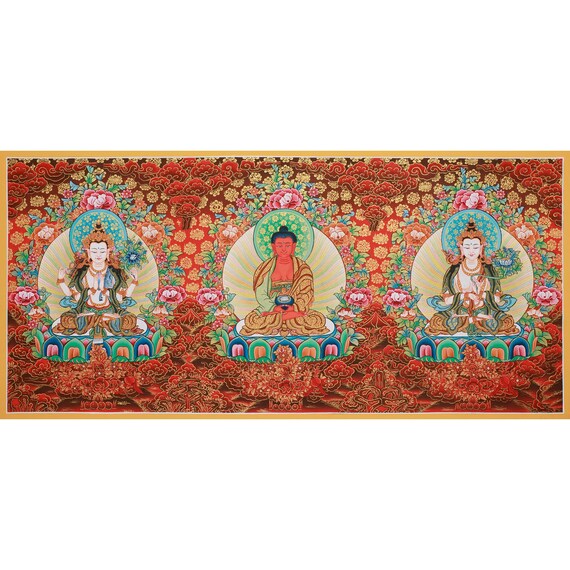 手描きの阿弥陀如来、文殊菩薩、観音菩薩タンカ：24K金製チベット美術