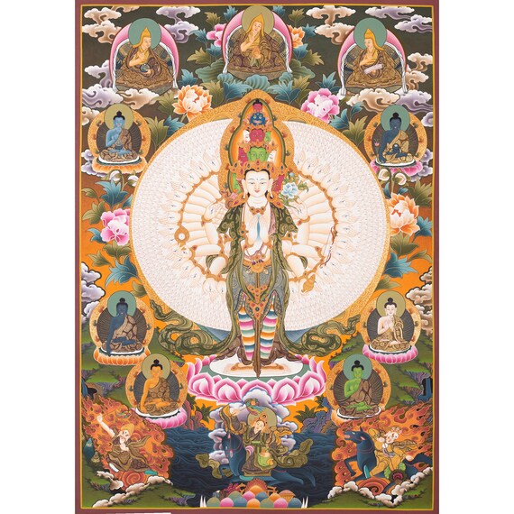 おうまい！四臂観音菩薩 タンカ 手描き シルク仕立 額装 チベット　曼荼羅 おうまい様専用 四臂観音菩薩 タンカ 手描き シルク仕立 額装 チベット