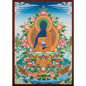 Masterpiece Medicine Buddha Thangka Digital Prints | Blue Buddha to avert sickness | Bhaisajyaguru | Healing Buddha | Masterwork Prints