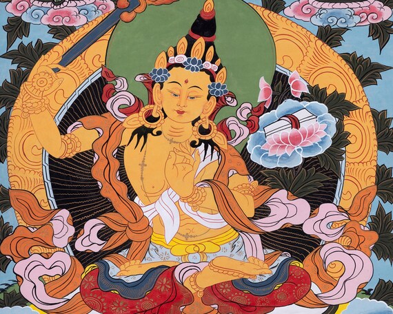 チベット仏画　タンカ　文殊菩薩 アンティーク ヴィンテージ文殊菩薩タンカ | 文殊菩薩 | 智慧の剣仏教美術