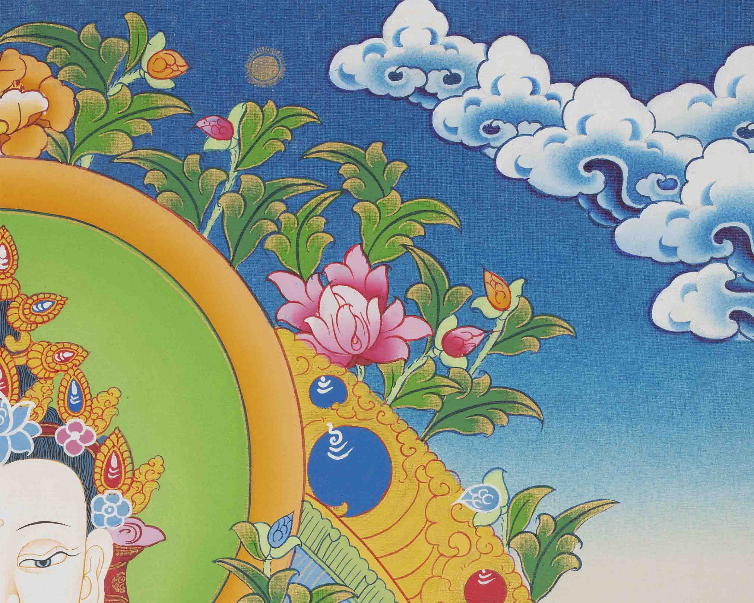 四臂の成勒菩薩像（文殊菩薩と金剛般若）｜手描きチベット菩薩タンカ