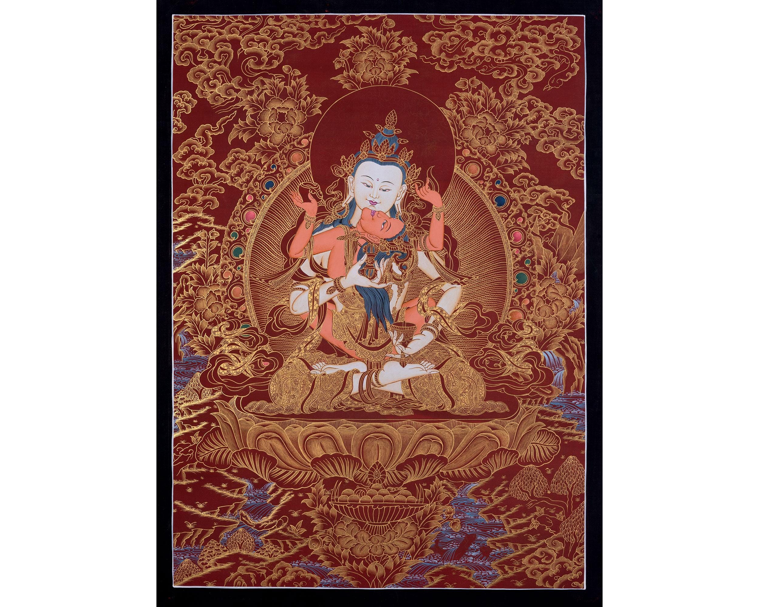 Vajrasattva Yab Yum Thangka in Red and Gold Background | Buddhist