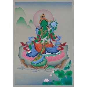 Tibetan Arya Tara Thangka | Hand-Painted Green Tara Painting | Traditional Artwork | Karma Gadri Style | Wall Hanging | Buddhist Artwork