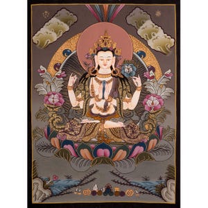 Chengrezig Bodhisattva Thangka | Original Hand-Painted Arya Bodhisattva Thangka | Tibetan Buddhist Wall Decor | Religious Painting |For Gift