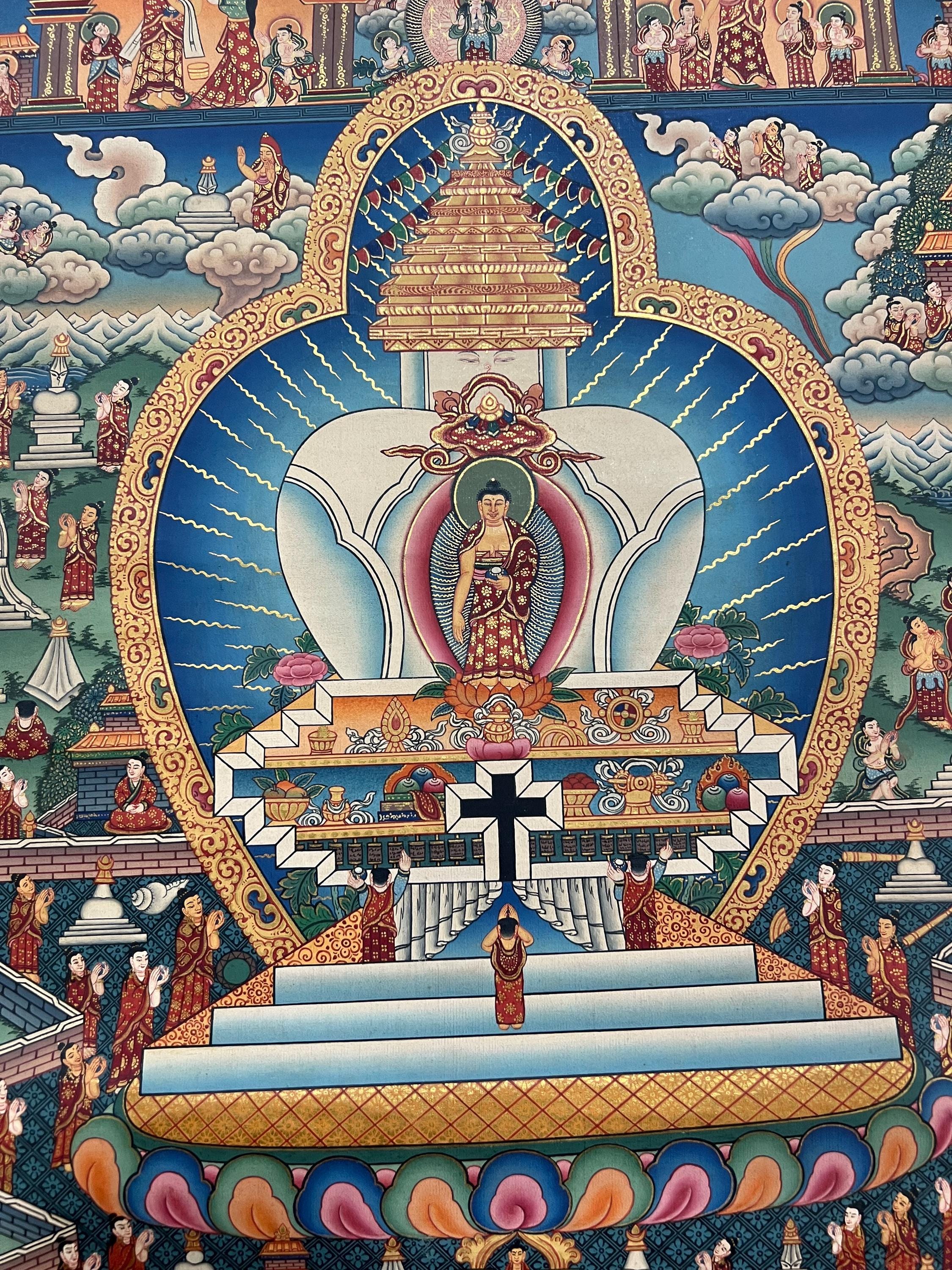 手描き釈迦牟尼仏塔タンカ｜チベット仏教絵画｜仏陀の生涯｜ヒマラヤ
