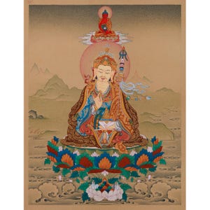 Guru Rinpoche with Amitabha Buddha Thangka | Hand-Painted Second Buddha | Infinite Light | Traditional Karma Gadri | Tibetan Buddhist Art