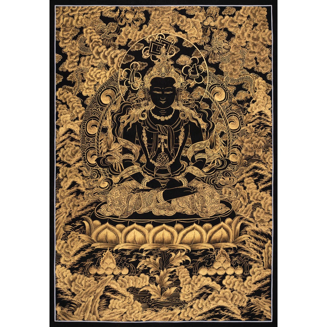 黒と金の阿弥陀如来仏タンカ絵画｜浄土の仏陀｜ヒマラヤ美術｜仏教徒の