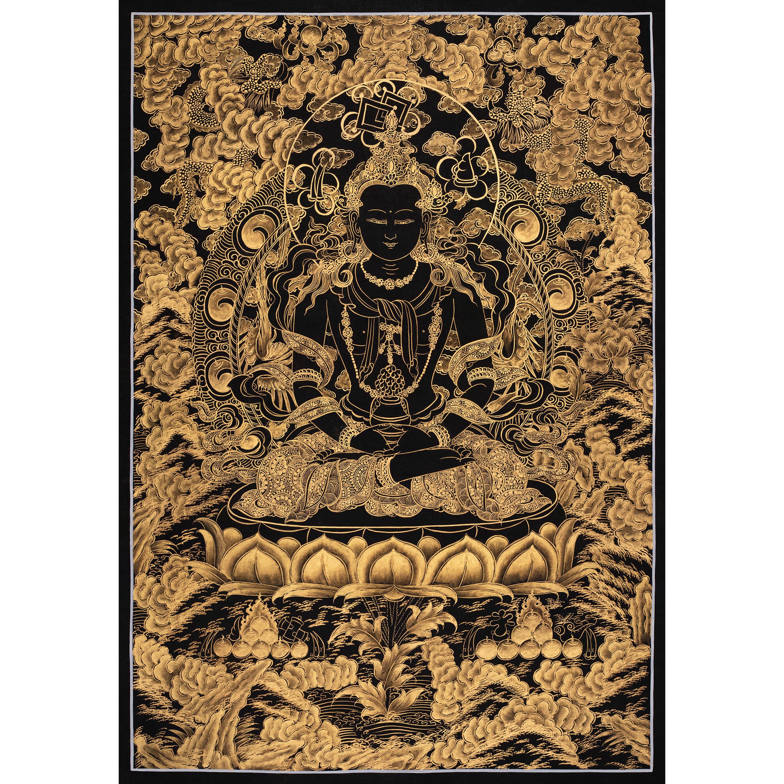 黒と金の阿弥陀如来仏タンカ絵画｜浄土の仏陀｜ヒマラヤ美術｜仏教徒の