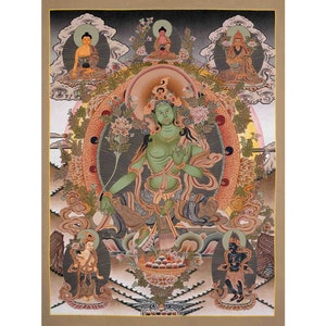 Green Tara Thangka Followed By Mahakala And Other Bodhisattvas | Original Hand Painted Healing Female Deity | Healing Tara Painting