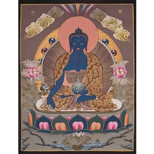 Original Handgemalter Blauer Medizin Buddha | Bhaisajyaguru Thangka-Malerei | Heilender Buddha | Tibetische Buddhismus Kunst | Meditation Alter