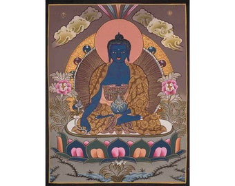 Original Hand-Painted Medicine Buddha Thangka | Bhaisajyaguru Healing Buddha Buddhist Art | Tibetan Buddhism Arts | Meditation Alter