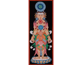 Thangka Kundalini de los Siete Chakras / Obra de arte tibetana pintada a mano / Sistema de energía espiritual / Decoración de pared para meditación y sanación / Obra de arte budista
