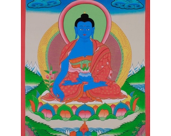 Original Hand painted Medicine Buddha Thanka Painting | Bhaisajyaguru Tibetan Buddhist Healing Art | Meditation Wall Decor | Home Decoration