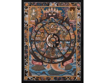 Wheel of Life Thangka | Bhavachakra Samsara Painting | Tibetan Buddhist Teaching Art | Karma Rebirth Shrine Decor | Nepal Buddhist Wall Gift