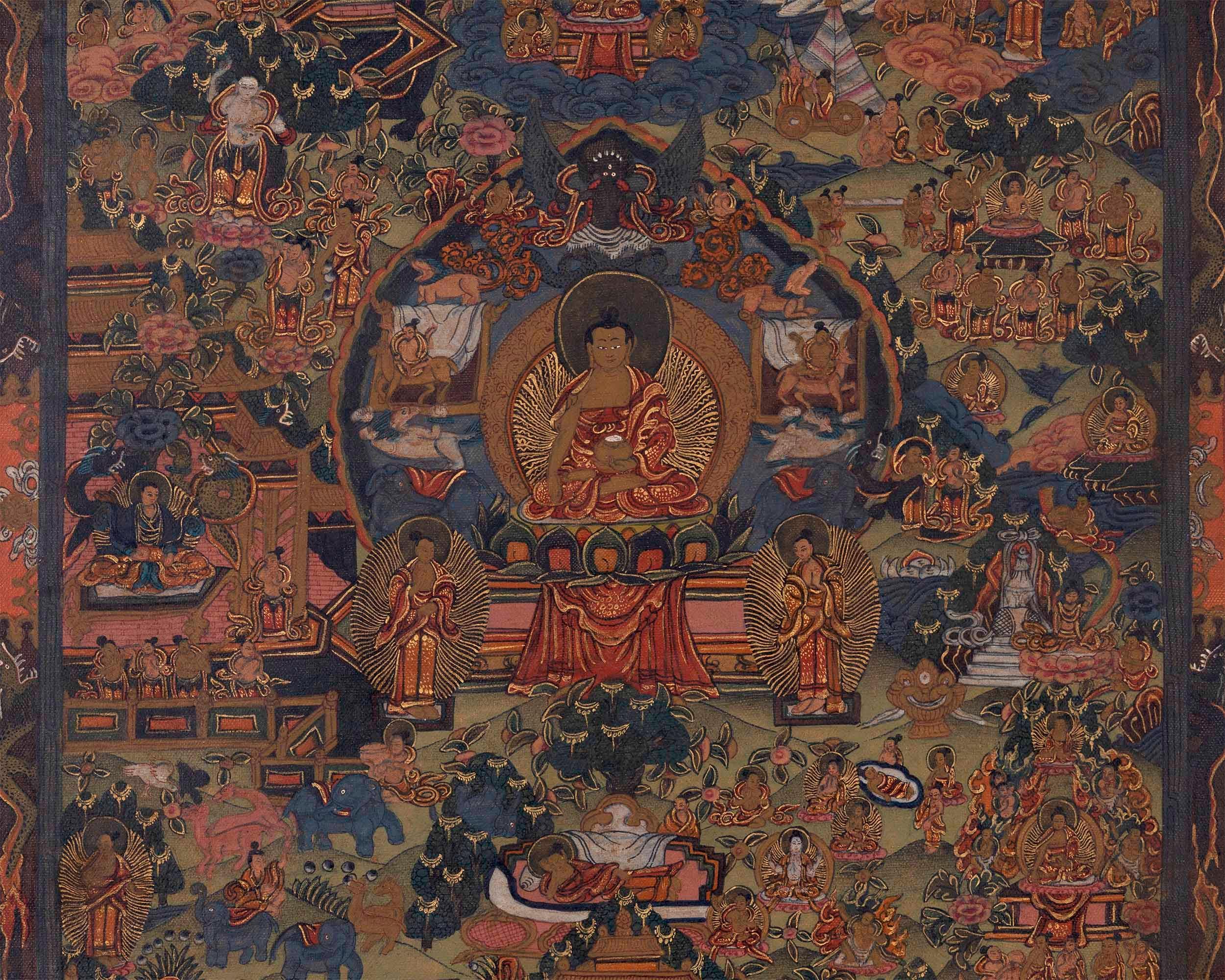 油彩ニス仕上げの仏陀生涯物語タンカ｜仏陀の悟りへの旅を描いた