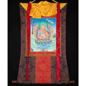 Original Hand Painted Padmasambhava Guru Rinpoche Thangka Painting With Brocade | Tibetan Buddhist Wall Hanging Art | Spiritual Home Decor