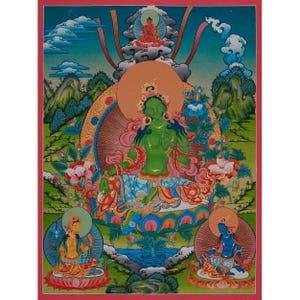Green Tara Thangka: Hand-Painted Tibetan Buddhist Art, 24K Gold Accents