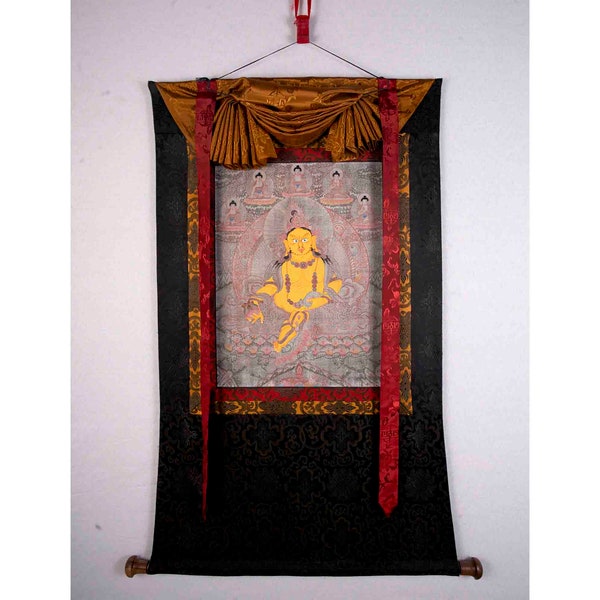 Dzambala Thangka Painting Flanked By 5 Dhyani Buddha With Brocade Mounted | Original Hand-Painted Wealth Deity Wall Decoration Painting |