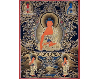 Shakyamuni Buddha With Amitabha and Medicine Buddha | Tibetan Buddhist Arts | Traditional Thangka Painting | Supreme and Wisdom | For Yoga