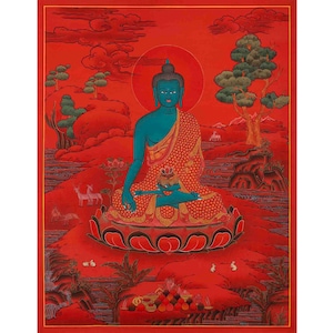 Medizin Buddha Thangka mit Rotem Hintergrund | Bhaisajyaguru Original Handgemaltes Tibetisches Heilkunst | Gemälde für Meditation & Yoga